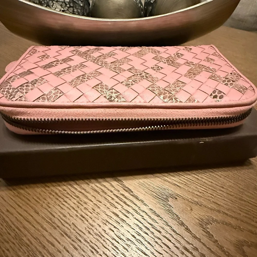 Bottega Veneta Pink and Brown Intrecciato Zip Wallet